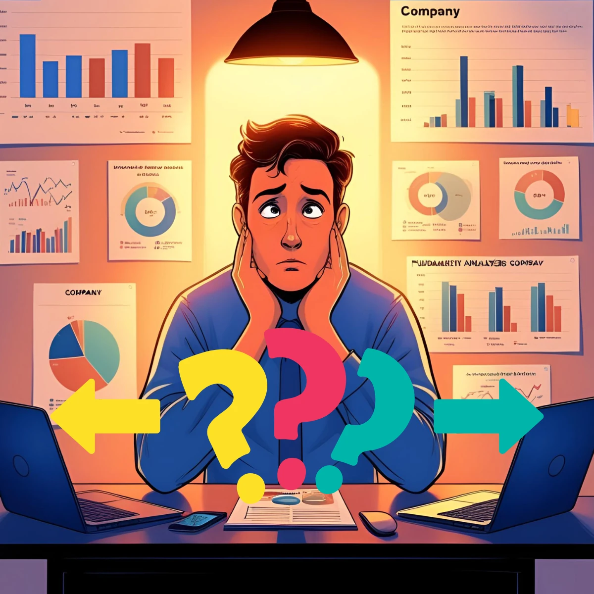 illustration of a person unsure whether to buy or leave after doing fundamental analysis of a company